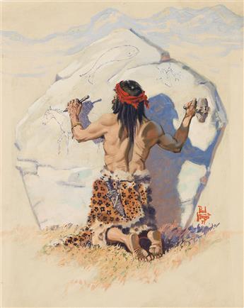 PAUL STRAYER (1885 - 1981) Prehistoric Native American carving petroglyphs.                                                                      